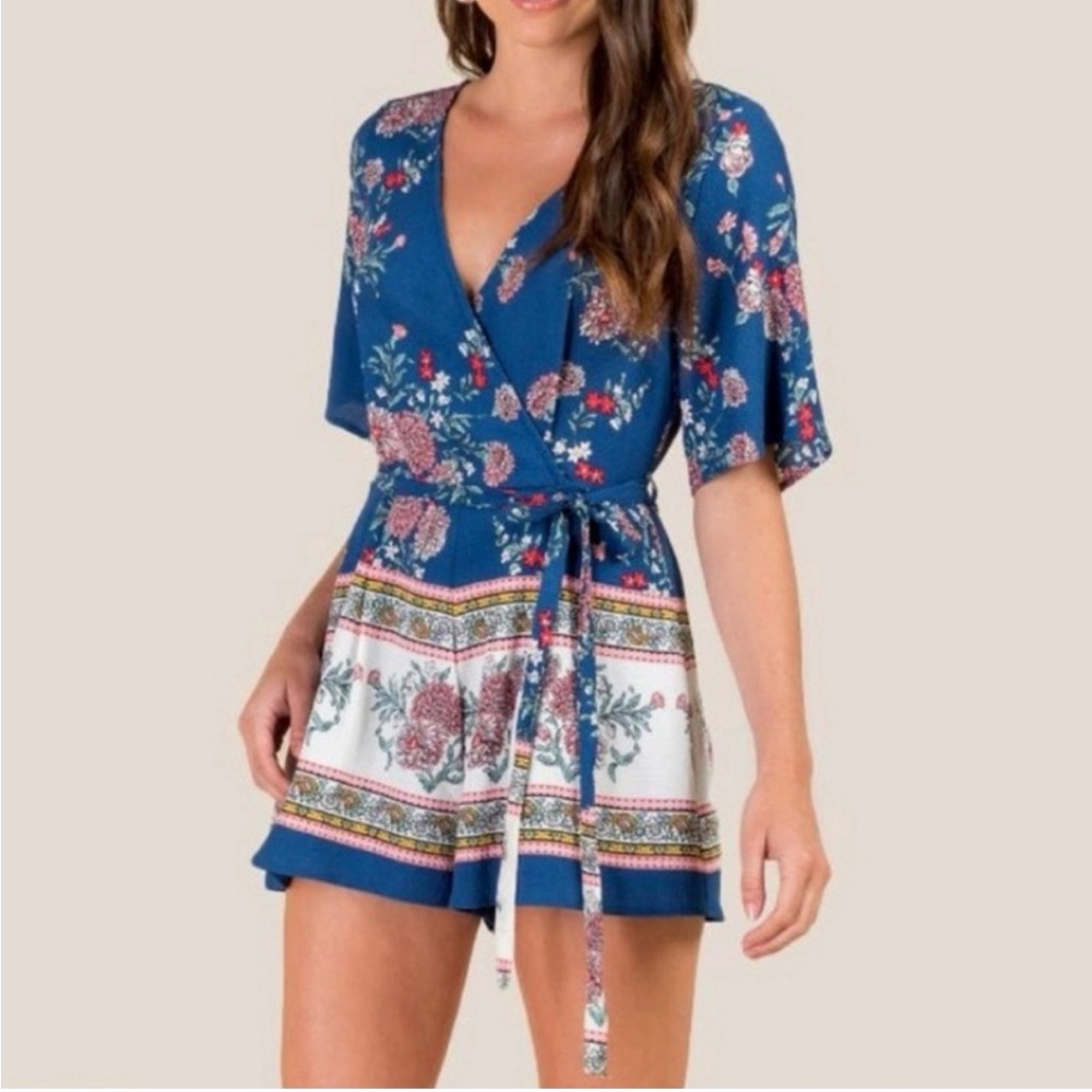 Trixxi Blue Floral Print Wrap Romper with White Border